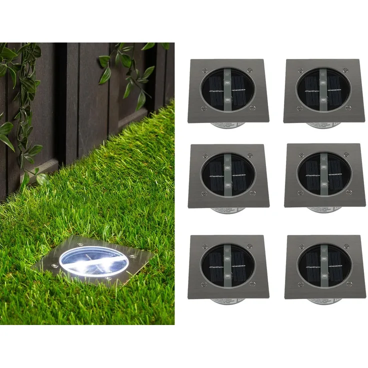 Solar LED Bodeneinbaustrahler 6er SET für Außen, Edelstahl 4-eckig 10x10cm, IP67