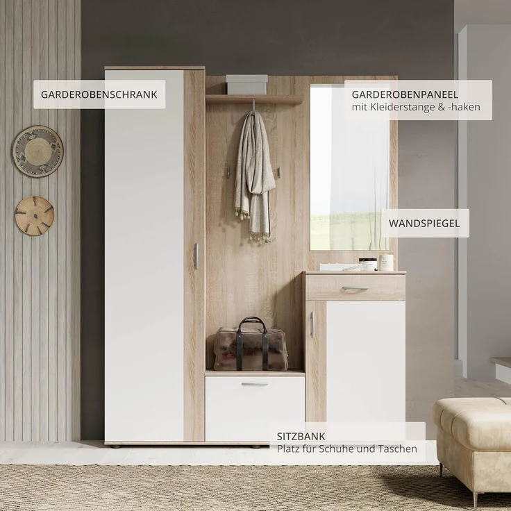Garderobe PATENT Spiegel Sonoma Eiche und weiß 3-teilig – Bild 8