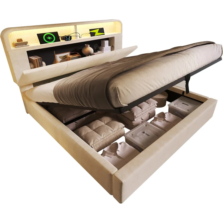 EINHOM Polsterbett Einzelbett 180 x 200 cm mit Höhenverstellbarem Stauraum-Kopfteil, Hydraulisches Bett mit LED-Beleuchtung & USB/Type-C Ladestation, Samt, Lattenrost, Beige (Ohne Matratze) – Bild 6
