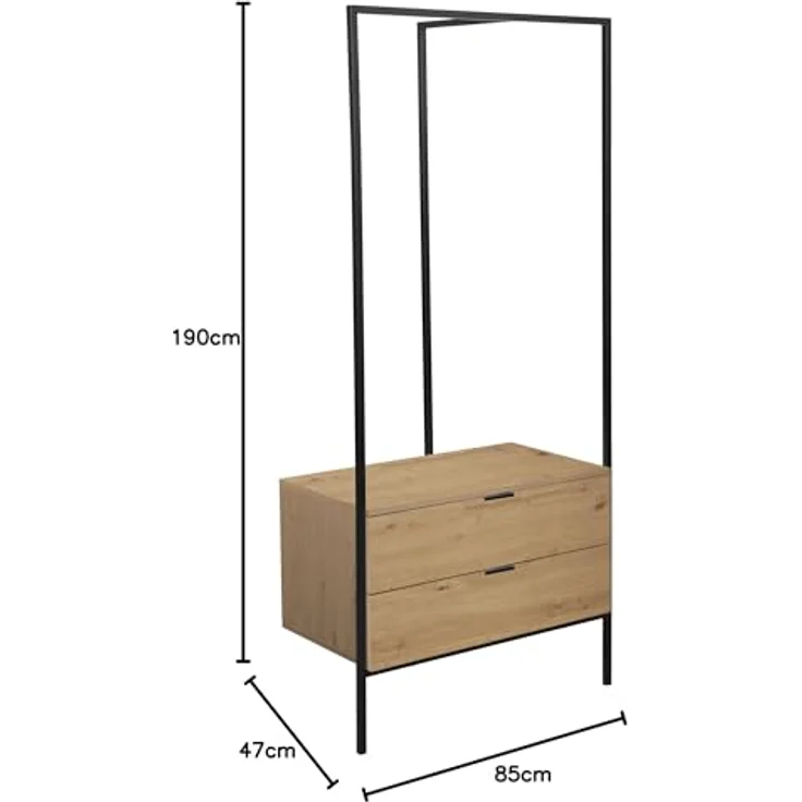 trendteam smart living - Jody - Garderobenständer mit 2 praktischen Schubladen - Eiche/Schwarz - Kompakter Kleiderständer - (BxHxT) 85 x 190 x 47 cm - Freistehende Garderobe mit Metallgestell – Bild 7