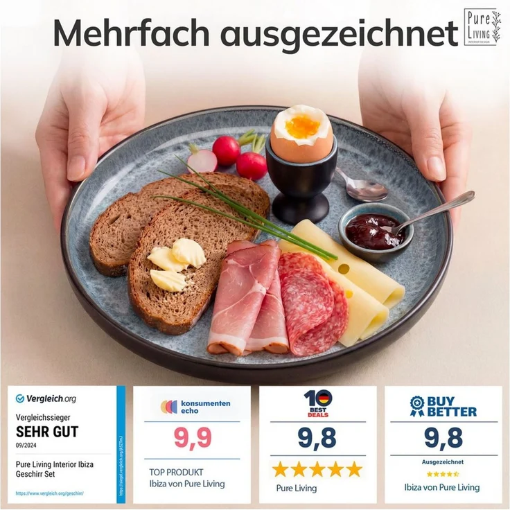 Steingut Frühstücksteller 6 Pers. Ibiza Hochwertiges Mediterranes TEST SEHR GUT Dessertteller Set - Kuchenteller spülmaschinen- und kratzfest - Kleine Teller, Salatteller Pure Living in Grau – Bild 3