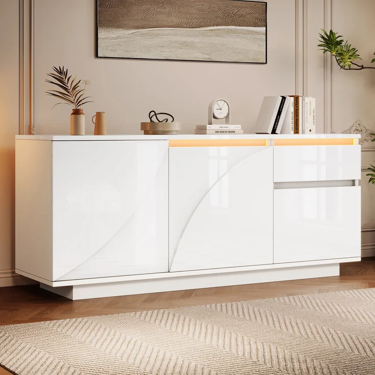 Sideboard 140 cm mit LED, Weiß Hochglanz, moderner Aufbewahrungsschrank mit 3 Türen, 1 Schublade & verstellbaren Regalen – Bild 2