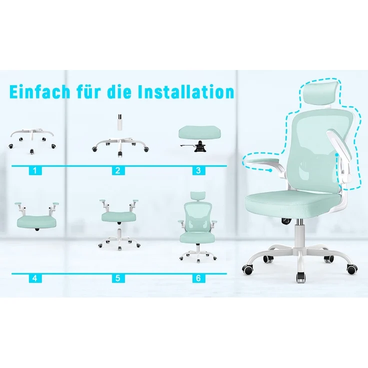 Botifly Ergonomischer Bürostuhl mit Kopfstütze, Mesh-Gewebe, Mintgrün, 90°-120° Wippfunktion, 10 cm Höhenverstellbar, 52 x 26 x 57 cm – Bild 10