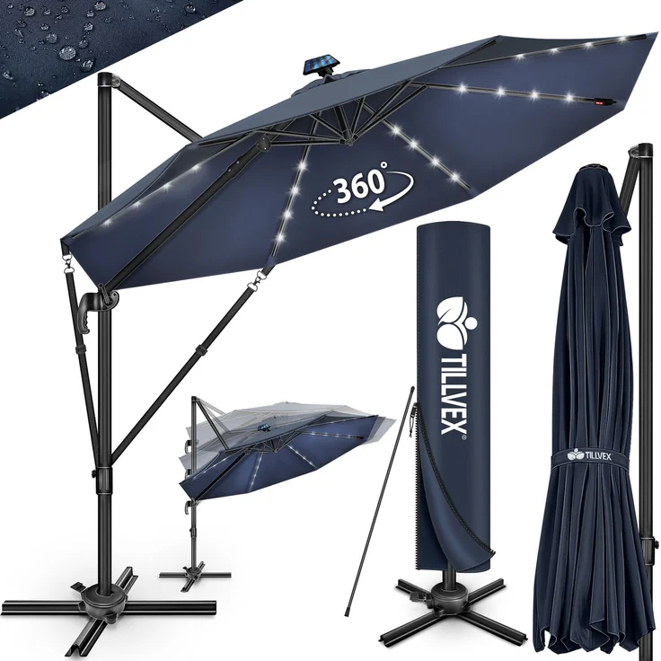 tillvex® Premium Alu Sonnenschirm 330 cm Navy-Blau + Abdeckung & Windsicherung | Ampelschirm 6-Fach Verstellbar mit Kurbel | Gartenschirm 360° Drehbar Neigbar Kippbar | Kurbelschirm UV50+ Groß wasserdicht – Bild 1
