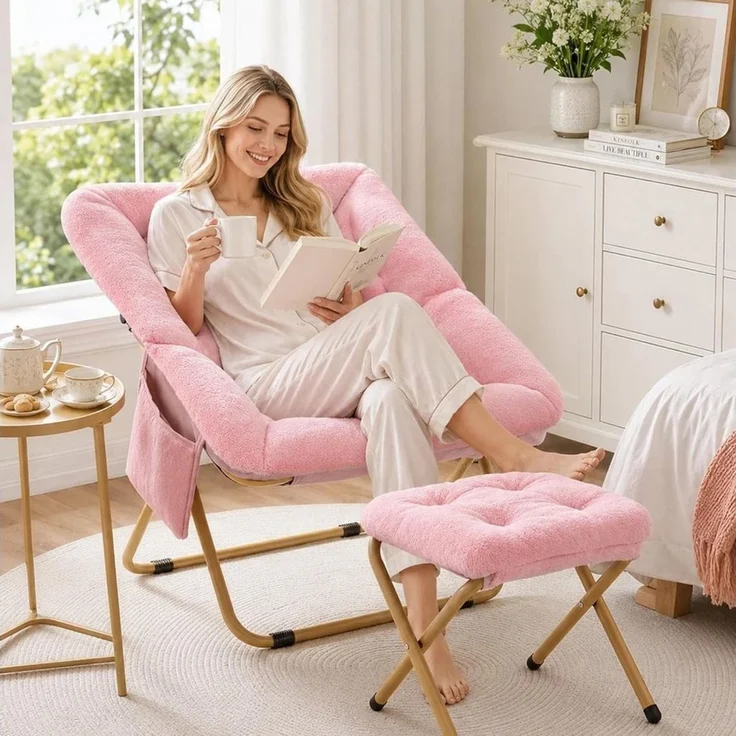 TLGREEN Relaxsessel,klappbarer Lounge-Sessel mit Hocker, (Weicher Kunstfell-Lesesessel, Relaxsessel mit Hocker),Ideal für Wohnzimmer, Schlafzimmer & Spielzimmer – Bild 3