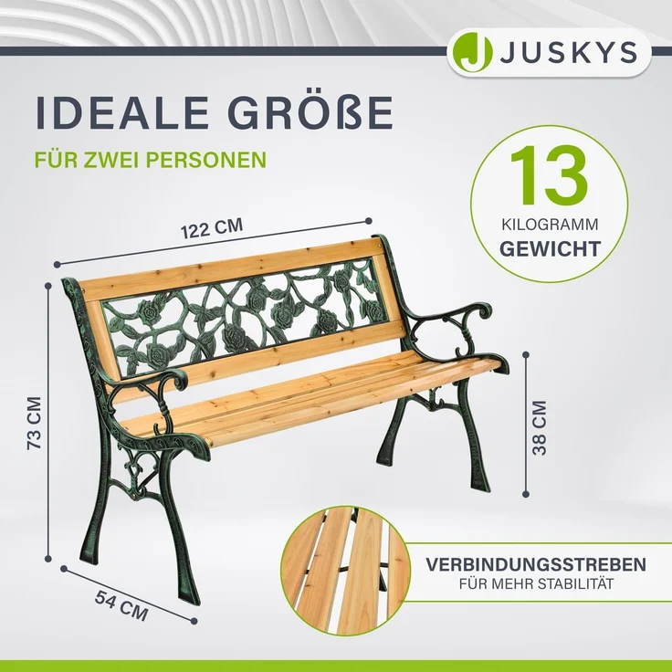 Juskys Gartenbank Venezia – 2-Sitzer Holzbank mit Armlehnen & Rückenlehne – wetterfeste Sitzbank 122x54x73 cm - Seitenelemente aus Gusseisen – Bild 3