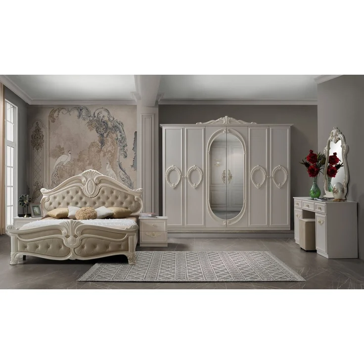 Interdesign24 Schlafzimmer-Set Aurora, (7-teilig, im klassischen Barock Stil, inkl. Bett 180 x 200 cm mit gepolstertem Kopf- und Fußteil), in Cremeweiß/Beige – Bild 1