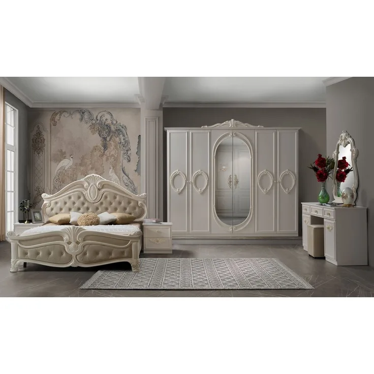 Interdesign24 Schlafzimmer-Set Aurora, (7-teilig, im klassischen Barock Stil, inkl. Bett 180 x 200 cm mit gepolstertem Kopf- und Fußteil), in Cremeweiß/Beige