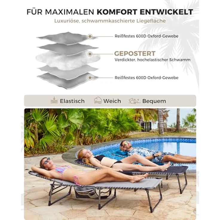 KingCamp Übergroße Sonnenliege Klappbar 5-Fach Verstellbar Gartenliege Liegestuhl Dreibeinliege Liege Campingliege mit Kopfkissen und Seitentasche bis 150 kg für Garten Urlaub Strand Pool 200x68 cm – Bild 5
