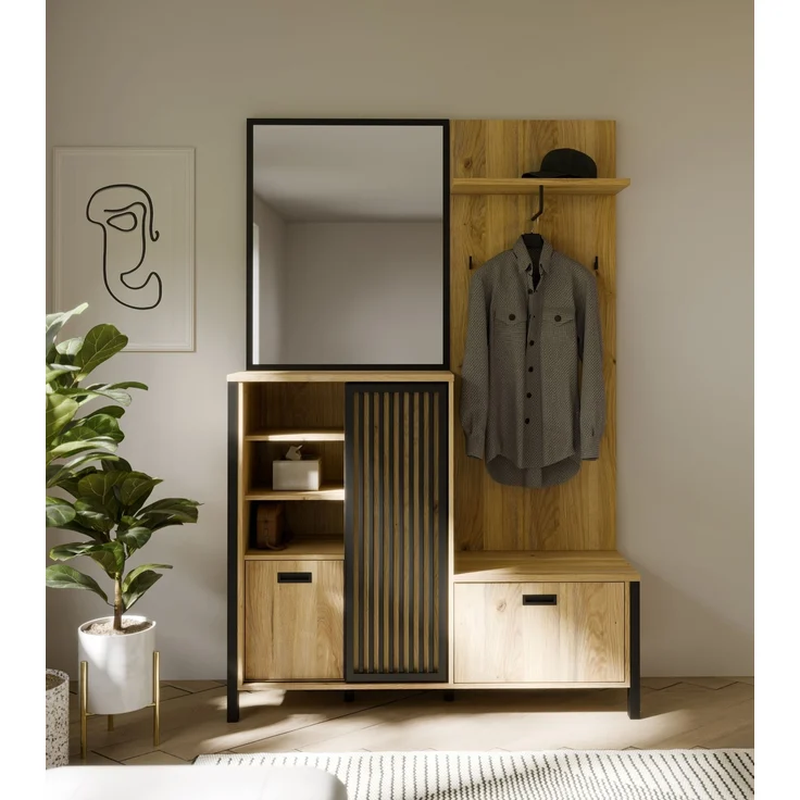 Kompaktgarderobe >JYTANA< mit Spiegel, Mauvella Eiche Dekor / schwarz - 132x200,3x40,2cm (BxHxT) – Bild 2