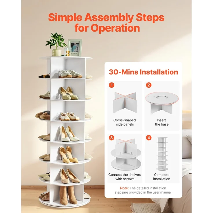 VEVOR Schuhregal Schuhschrank für 28 Paar Schuhe (7-stöckig) 360° drehbar, platzsparende Schuhaufbewahrung, Schuhablage für Schlafzimmer Wohnzimmer Eingangsbereich, Weiß 598 x 598 x 1620 mm – Bild 7