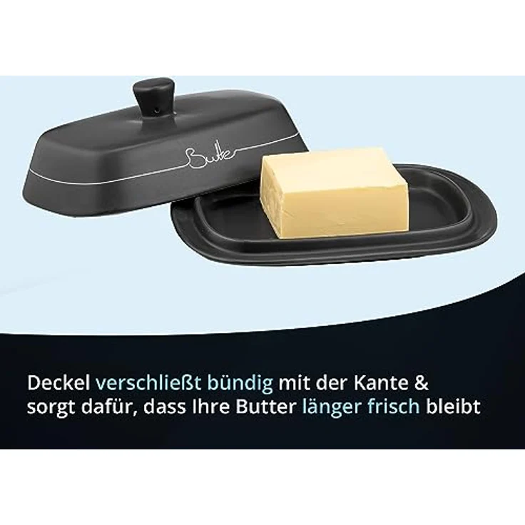 KHG Butterdose Anthrazit Grau Keramik Steingut poliert mit Griff für 250g Butter, Butter Box mit Beschriftung, Butter Behälter zur Aufbewahrung, mit Deckel-Griff – Bild 7