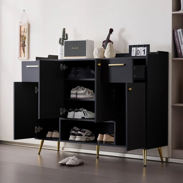 Schuhschrank Schwarz Modern Mit 4 Türen Und 2 Schubladen 130cm Breit Aufbewahrungsschrank Mit Offenem Fach Hohe Beine Schuhregal Für Flur Eingangsbereich Schlafzimmer Maximierter Stauraum Für Schuhe Accessoires Kippsicherung Inklusive Hochwertige Spanp... – Bild 7