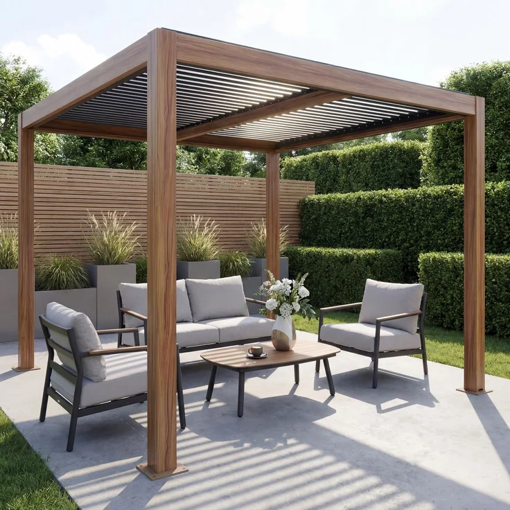 Pergola HWC-L46, Gartenpavillon Lamellen-Pavillon, 10cm-Aluminium-Gestell, Regenrinne sturmfest, 3x3m ~ Holzoptik – Bild 1