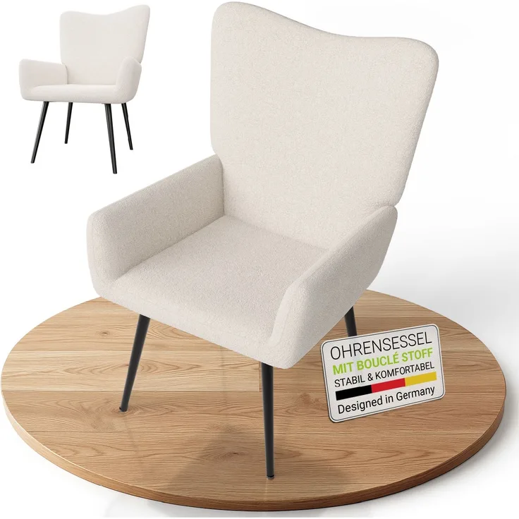 Juskys Ohrensessel Odense ohne Hocker, TV- & Lesesessel in Bouclé, hohe Lehne, Metallbeine, komfortabler Stoffbezug, pflegeleicht – Beige