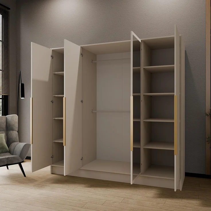 MEBLINI Kleiderschrank LUSINDA 200cm - Kaschmir - mit goldfarbenen Griffen - Drehtürenschrank mit zwei Spiegeln - Kleiderstangen und Regalböden – Bild 4