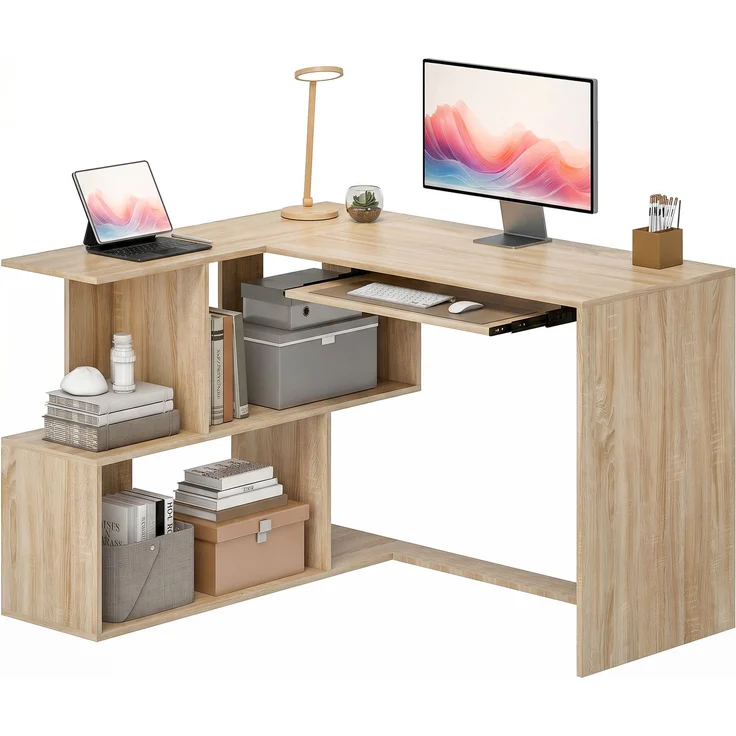 Eckschreibtisch, 120 x 100 x 76 cm, L-förmiger Computertisch mit Tastaturablage, 4 offene Fächer, natur – Bild 2