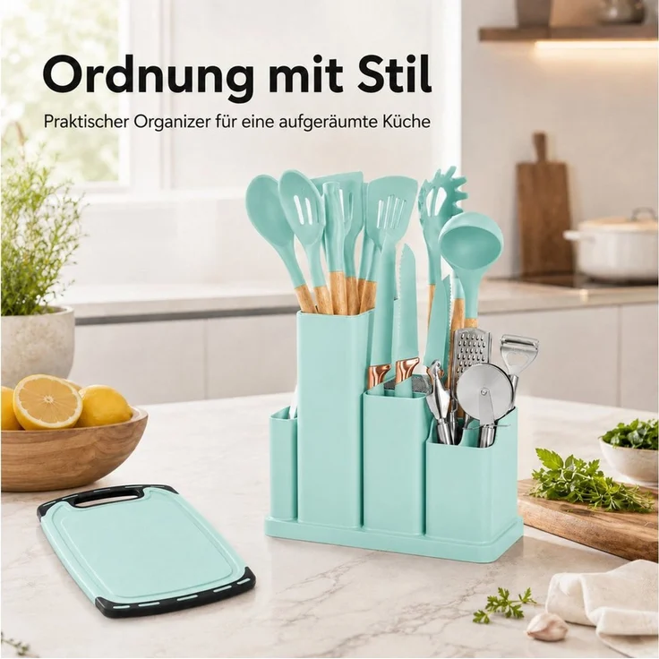 Diyarts Kochbesteck-Set (für beschichtete Pfannen, inklusive Kochmesser, Beige 23-teilig, Grün, Weiß und Schwarz je 20-teilig), Schonende Silikon-Küchenhelfer mit Holzgriffen & Messer im Set – Bild 2
