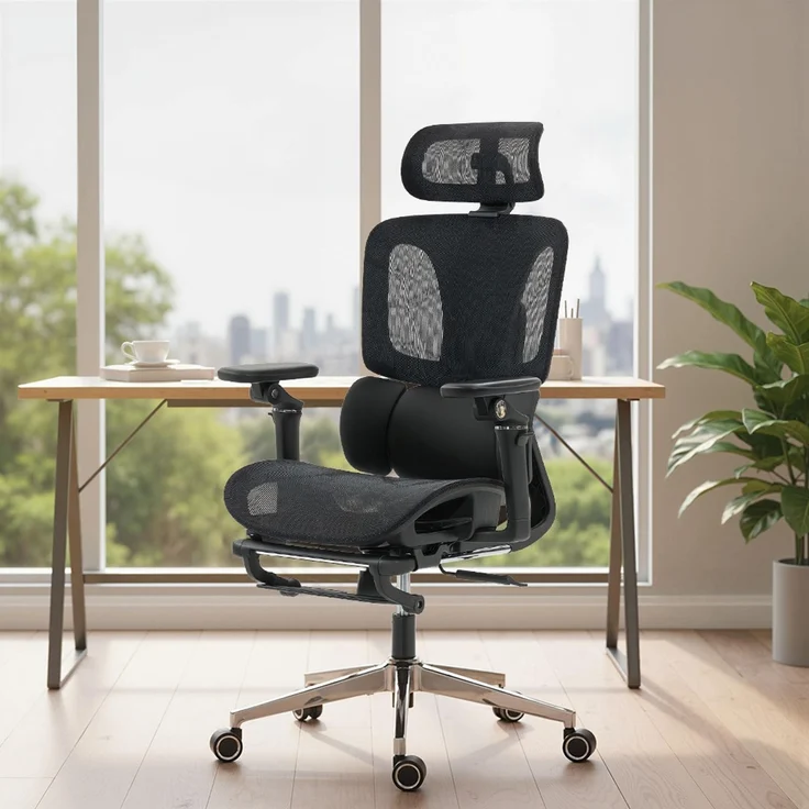 MELAYR, Bürostuhl Ergonomisch Schreibtischstuhl mit verstellbar Lenden- und Kopfstütze, 71 x 67 x 133 cm, Schwarz – Bild 4