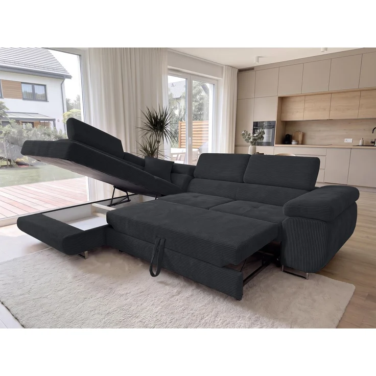 AX LIVING Konak Cord-Schlafsofa L Schwarz 276 cm breit mit Bettkasten, Kopfstützen – Bild 3
