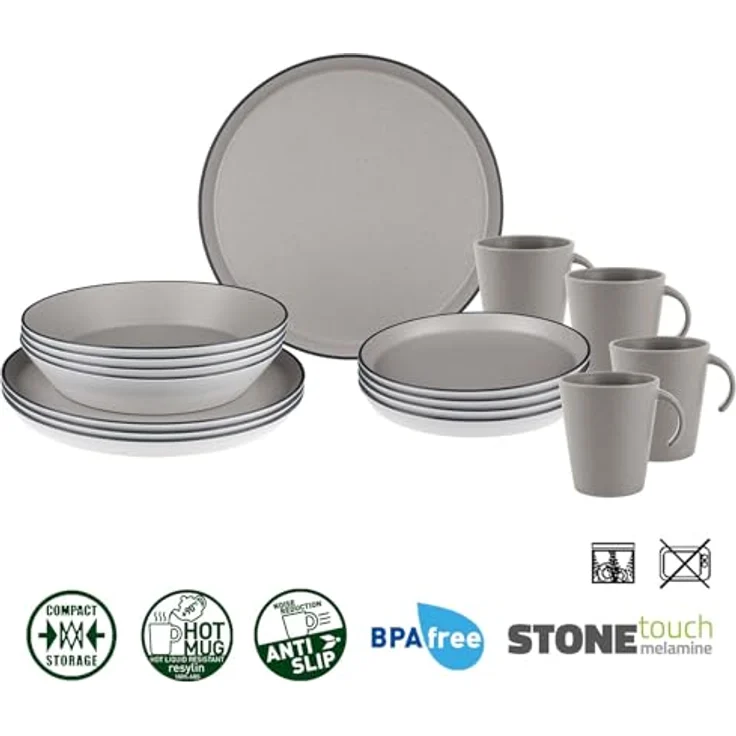 BRUNNER Iconic COMPACK Melamin Camping-Geschirr-Set 12/16-teilig für 2–4 Personen – Stapelbar, Antislip, BPA-frei, Steingutoptik – Bild 2