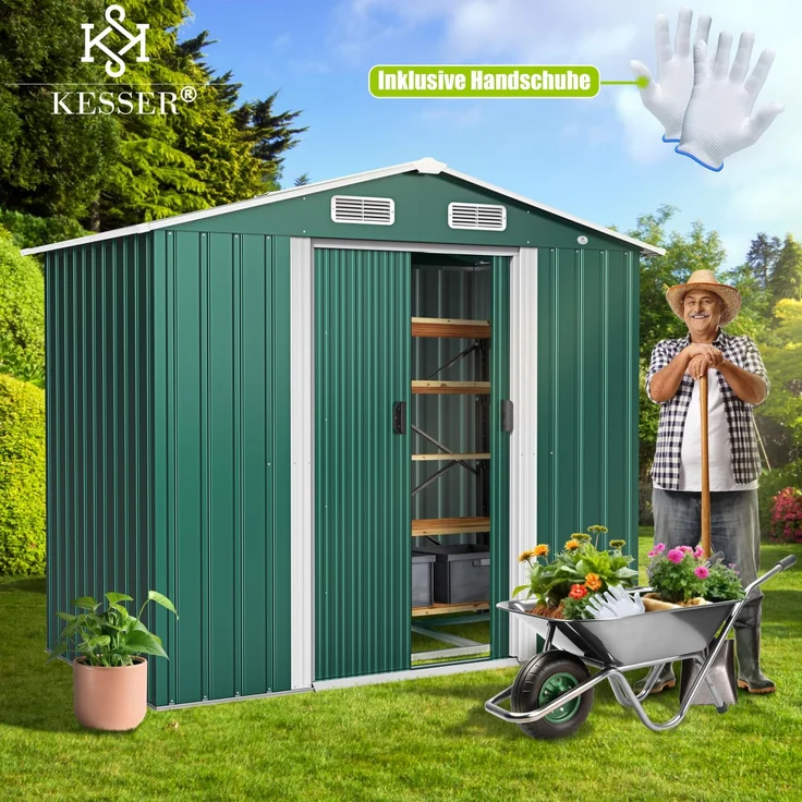 KESSER® XL Metall Gerätehaus 4,2m³ mit Fundament | inkl. Arbeitshandschuhe | 195 x 131 x 186 | 2x Schiebetür & Fundament | Geräteschuppen | Gartenhaus Schrank | Satteldachdach Garten Schuppen Grün – Bild 5