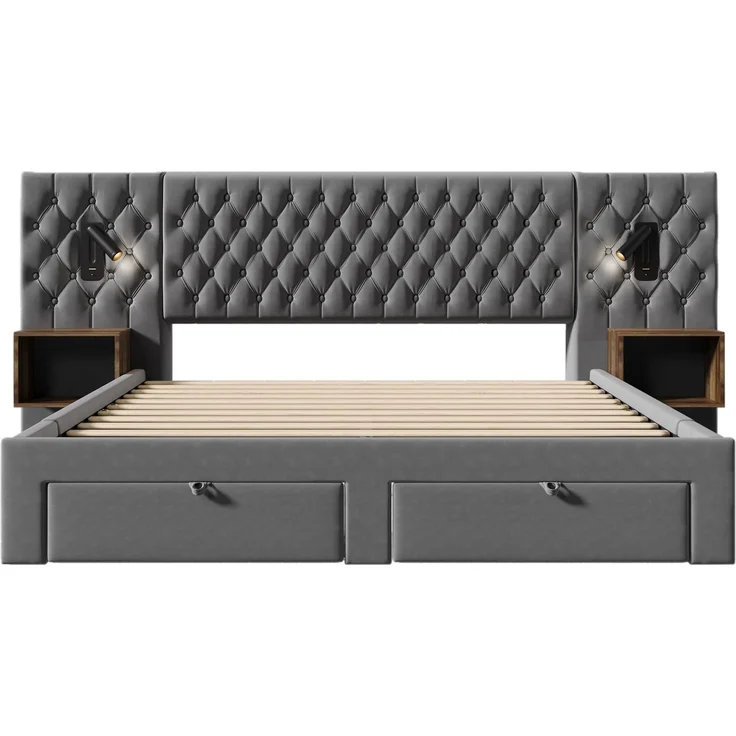 Bettanlage Schlafzimmer Komplett Set, Polsterbett Doppelbett 180×200 cm mit 2 Nachttischen und 4 Schubladen, Kopfteil Leselicht mit USB Ladefunkt – Bild 10