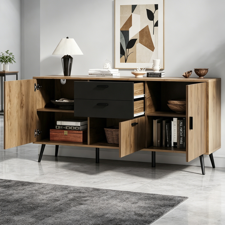 Merax Kommode, Sideboard, Mit Großer Arbeitsplatte, 2 Schubladen, 3 Türen, Beistellschrank Fur Wohnzimmer Esszimmer Küche, Schwarz+Holzfarbe – Bild 2