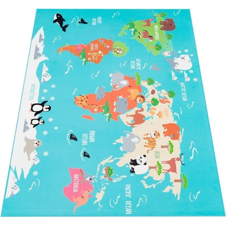 Paco Home Kinderteppich Bino 564, rechteckig, Höhe: 4 mm, Kurzflor, Motiv Weltkarte, Kinderzimmer – Bild 4