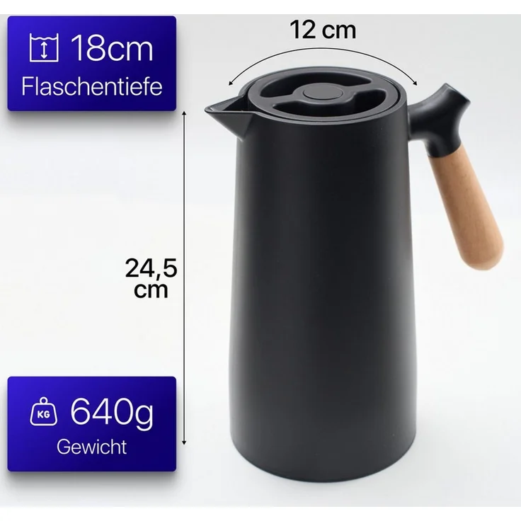 KVOTA Isolierkanne 1L Thermoskanne Glaskolbe Schwarz Holzgriff 1-Click Öffnung, 1 l – Bild 3
