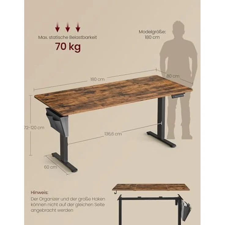 SONGMICS Höhenverstellbarer Schreibtisch elektrisch, 180x80 cm, Verstellbarer Tisch, Memory-Funktion für 4 Höhen, für Büro, vintagebraun LSD138K01 – Bild 3