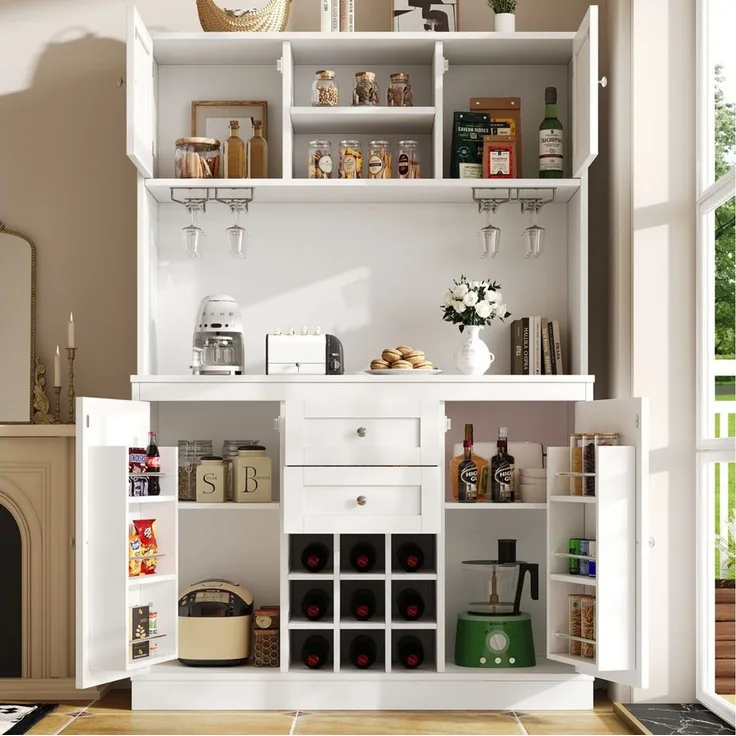 Flieks Küchenbuffet mit verstellbaren Ablagen & Weinregal & Türablagen (1-St, B120/T40/H188 cm) Hochschrank Küchenschrank Geschirrschrank mit Gläserhalter Weiß