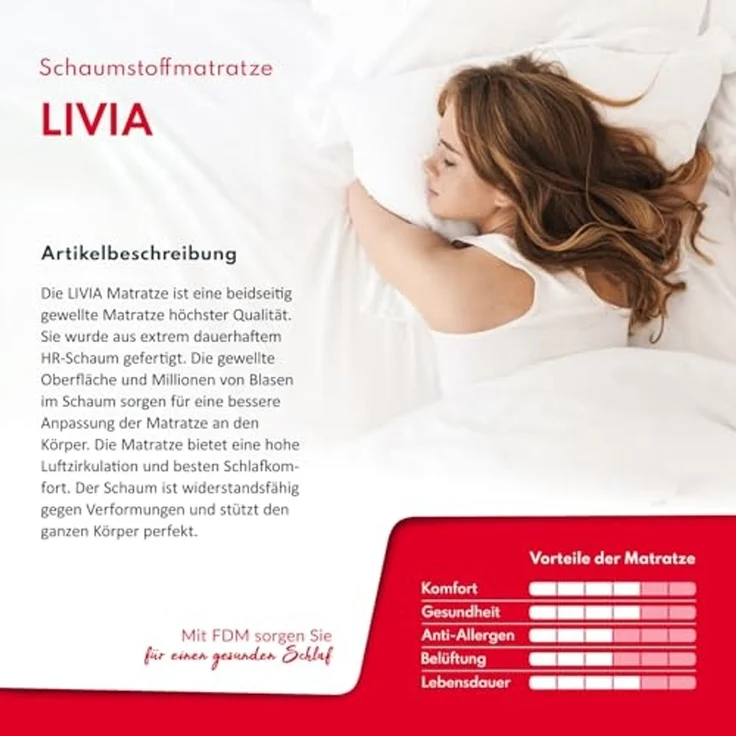 FDM Livia Matratze 100x200 cm Schaumstoffmatratze Härtegrad H3 16 cm Höhe Profilierter Schaum 7-Zonen Hochelastischer HR T25 mit Wellenschnitt Polyester – Bild 2
