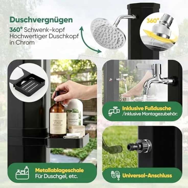 Sekey Solardusche 40L/ 60L Solar Gartendusche Pooldusche Campingdusche bis 60°C Wasser, 40L stromfreie Wassererwärmung, mit Direktanschluss für Gartenschlauch – Bild 5