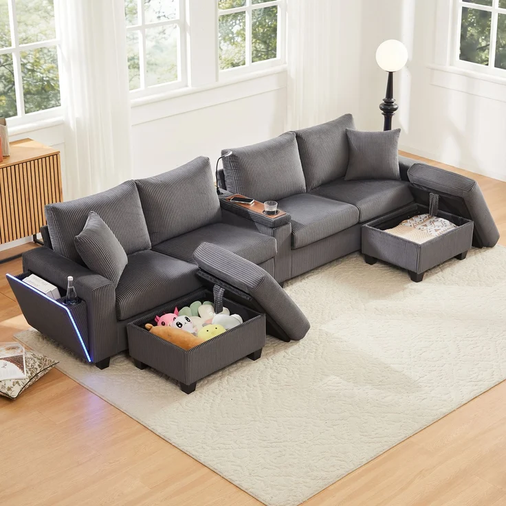 U-förmiges Sofa 334x128,5x81 cm in Grau, Cord, mit USB/Type-C, Leselampe, Stauraum und LED-Armlehnen – Bild 2