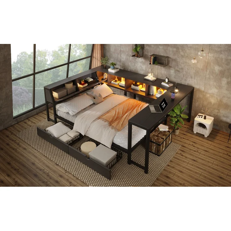 U-life Metallbett 140x200 cm, für Jugendliche, LED-Beleuchtung, Schreibtisch & Schubladen, Multifunktionales bett, MDF, Schwarz – Bild 8