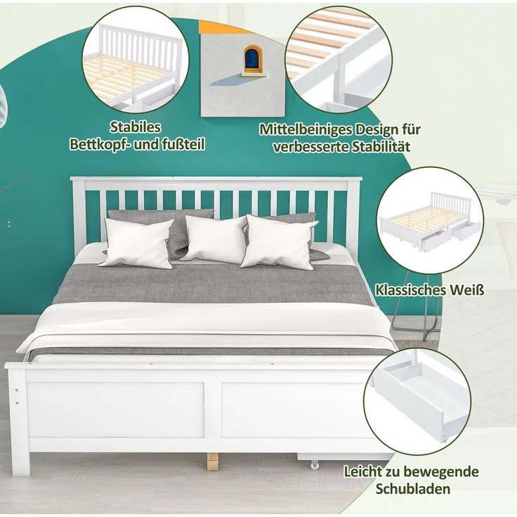 CHICFURN Doppelbett aus Kiefernholz und MDF Weiß 140x200 cm mit 2 Schubladen – Bild 4