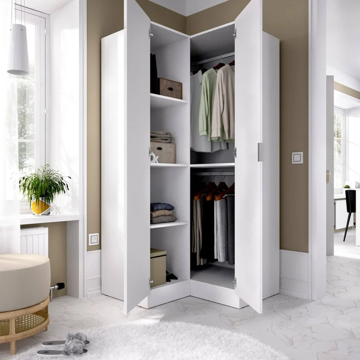 Dmora Kleiderschrank 2 Türen Aser, Eckschrank für Schlafzimmer, Eckschrank, 91x93h184 cm, Weiß – Bild 4