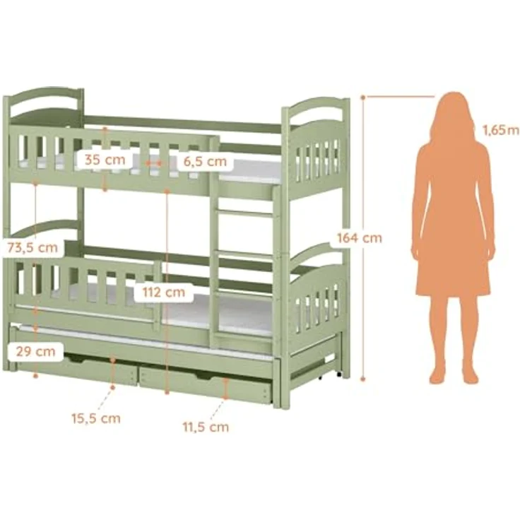 Kids Collective Etagenbett Hochbett Stockbett Kinderbett 90x200 cm mit Ausziehbett und Schubladen (mit drei Matratzen inklusive), Umbaubar zu 3 Einzelbetten mit Lattenrosten & Rausfallschutz, Olivgrün – Bild 3