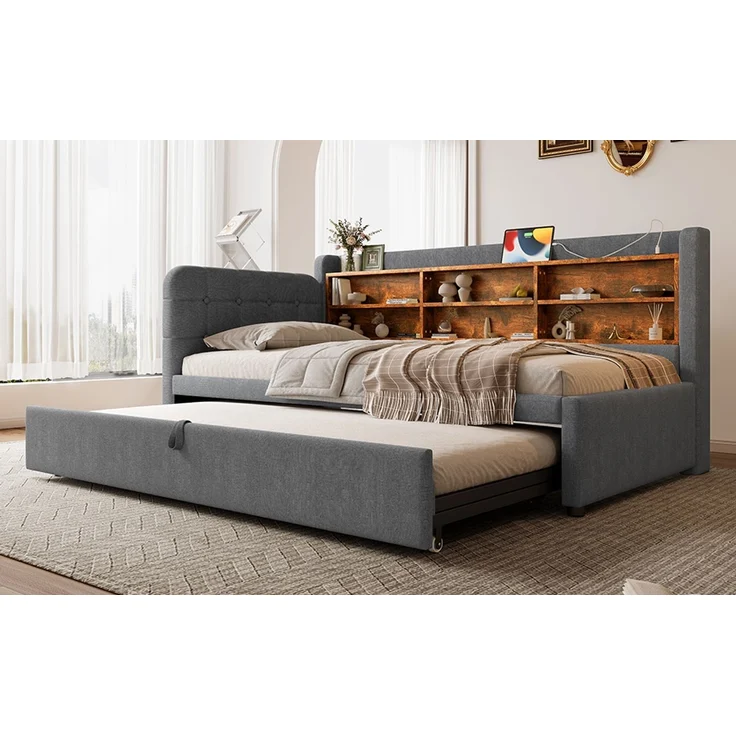 Daybett Leinen mit Ausziehbett, USB-Anschluss & Ablagen, 90x200 cm, Grau, ohne Matratze – Bild 3