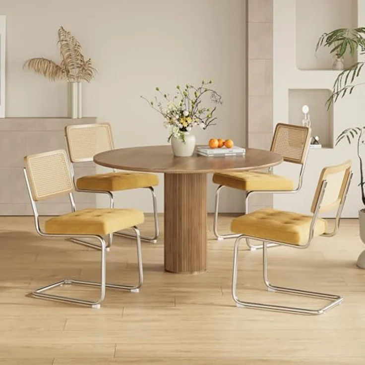 COLAMY Rattan Esstischstühle 4er Set, Samtbezug mit Metallgestell, Gelb – Bild 7