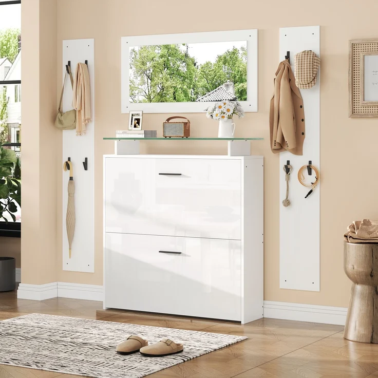 89.5*23*96.5cm Garderoben-Set 4-teilig mit Spiegel,2 Hutablage und Hochglanz Schuhschrank. Flur Garderobenständer Kleiderständer Set,Flurgarderoben Set,Kompaktgarderobe mit 8 Kleiderhaken,Weiß--Weiß--89.5x23x96.5cm--YOUDENOVA – Bild 5