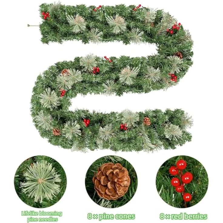 Uten Weihnachtsgirlande 180cm, Tannengirlande mit roter Beeren und Tannenzapfen, Weihnachtsdeko für Innen und Außen, Treppe, Tür, Adventskranz – Bild 3