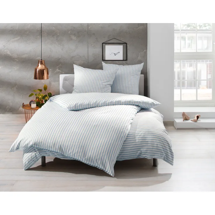 Bettwaesche-mit-Stil Mako Satin Streifen Kopfkissen „Den Haag“ blau weiß gestreift Kissen 40x80