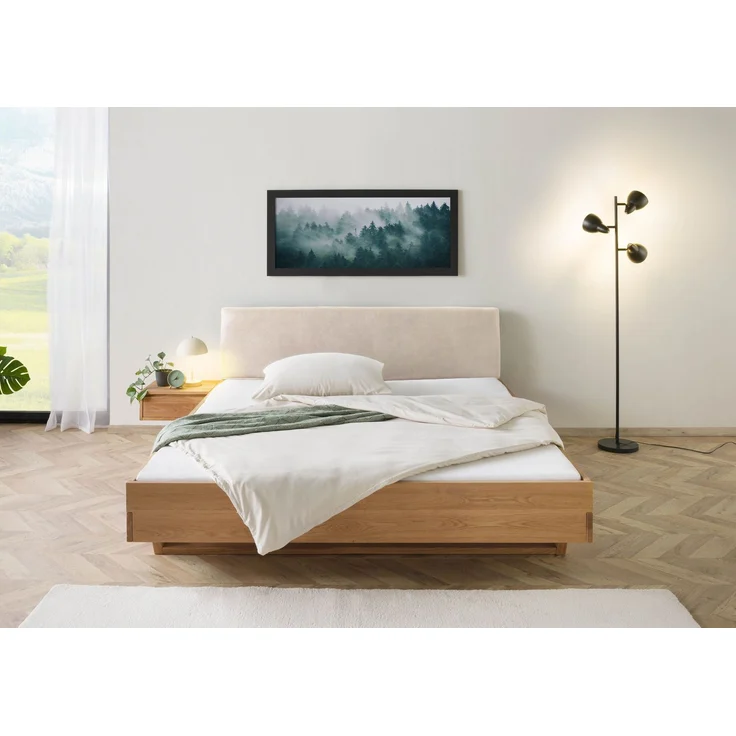 Bett mit Nachttisch links Eiche 160x200x85 natur geölt, Kopfteil beige FICHTELBERG #150 – Bild 9