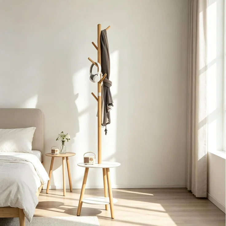 Garderobenständer aus Bambus mit 5 Haken & 2 Ablagen, 39,5x39,5x171 cm, Natur/Weiß – Bild 3