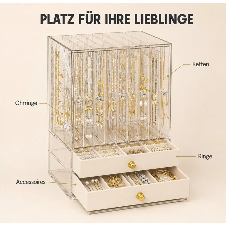 Luckice Make-Up Organizer Großer Schmuckkasten mit Glasfenster für Damen, Set, Transparentes Material, Praktisches aufgeteiltes Innenlayout – Bild 2