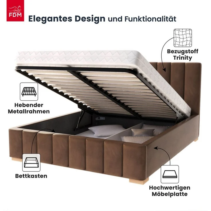 FDM Polsterbett modern mit Bettkasten MADE IN EU - mit hochwertigem Velours Bezug (verfügbar 90x200 120x200 140x200 160x200 180x200cm, Bettrahmen, Bett, mit großen gepolsterten Kopfteil, mit Bettkasten zum aufklappen), Hebbarer Metallrahmen, Bettkasten... – Bild 2
