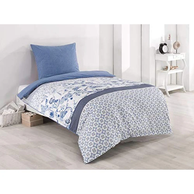 Buymax Bettwäsche Wendebettwäsche, Bettbezug-Set, 100% Baumwolle Renforce, 3 teilig, 200x220 cm, Reißverschluss, hochwertig, Blau, Weiß – Bild 5