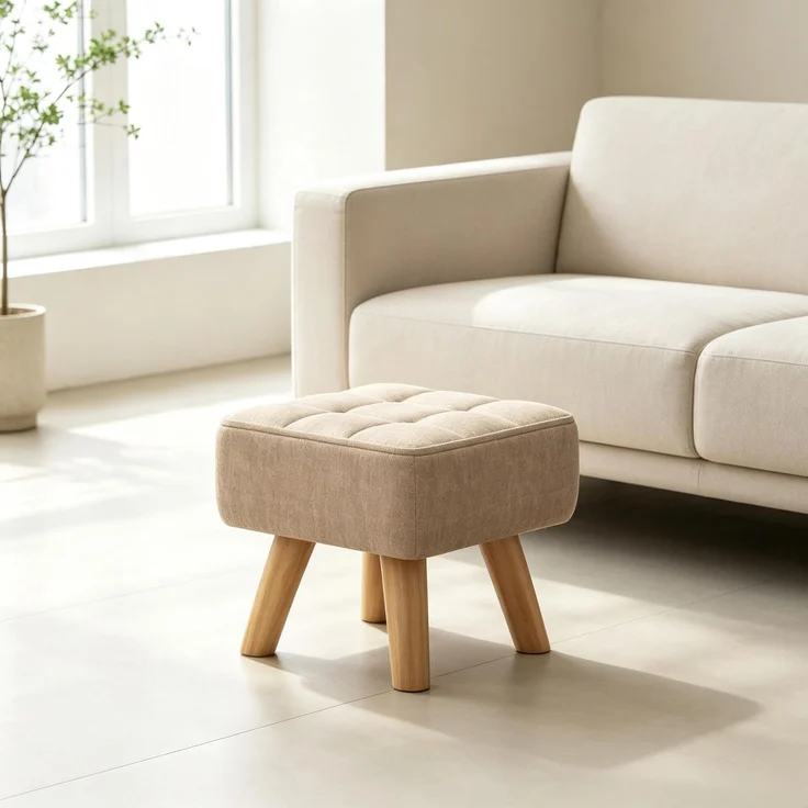Hocker 27x27x26 cm mit gepolsterter Sitzfläche, Leinenbezug in Hellbraun – Bild 3